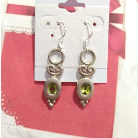 Vtg 925 Sterling Silver Oval Cut Peridot Dangle Drop Earrings Hook Art Nouveau - Picture 2 of 9